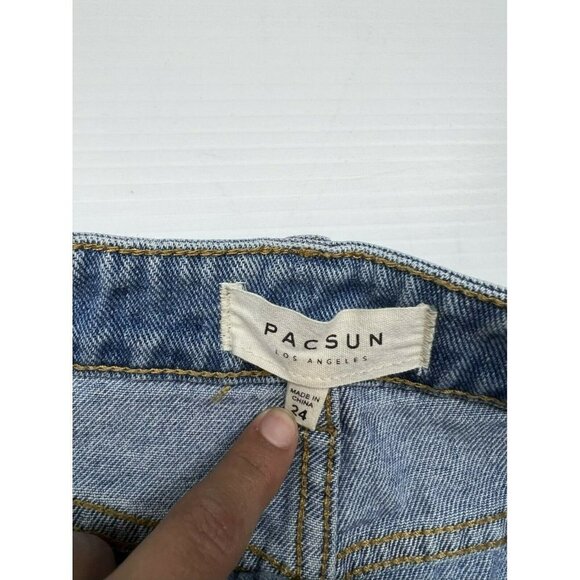 PacSun Jean Skirt Mixed Denim-Medium & Light Wash Frayed Hem Distressed Size 24 - Picture 5 of 5